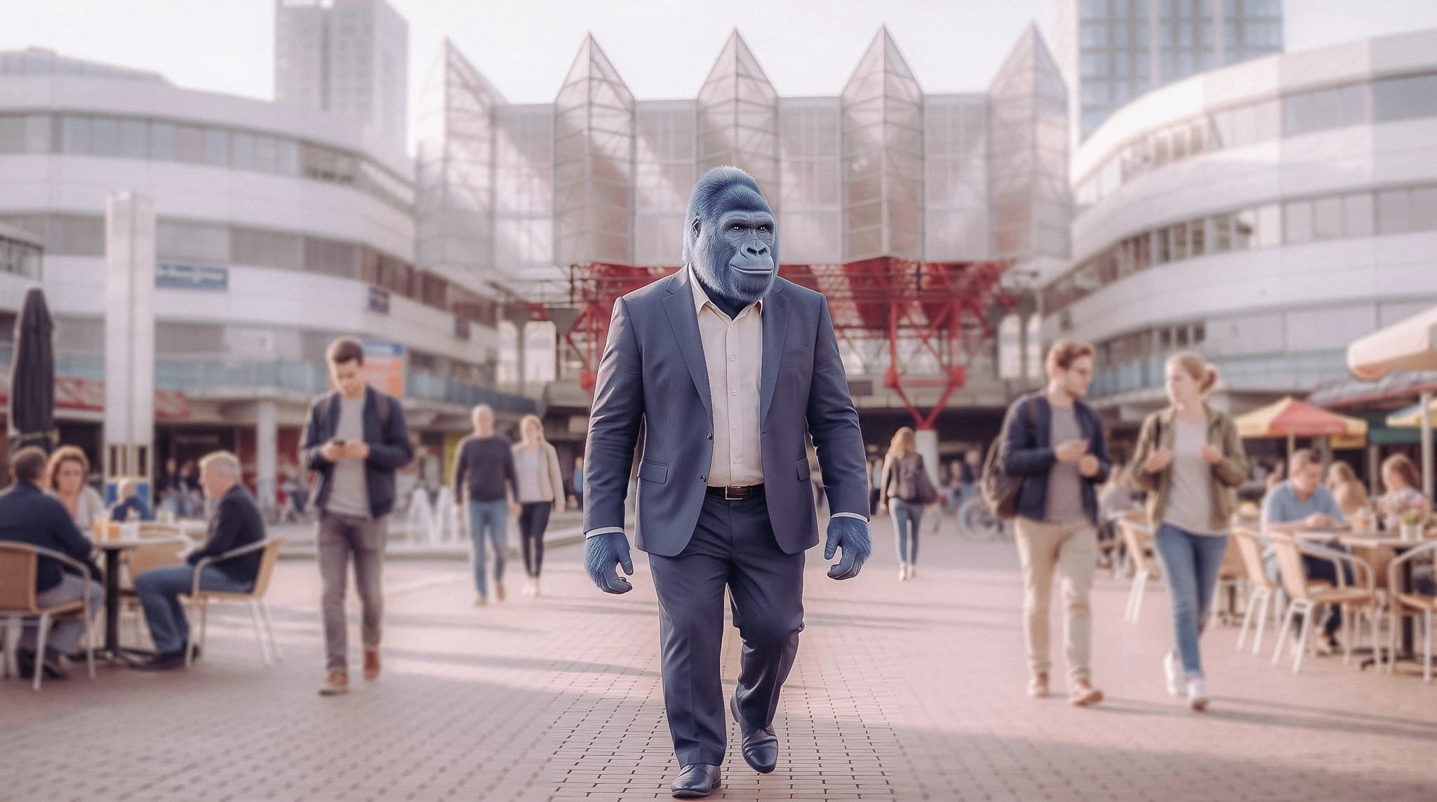 Blauwe gorilla die loopt door het centrum van Almere