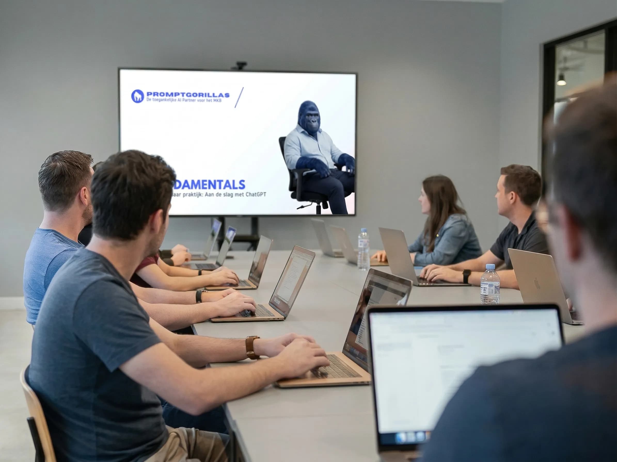 Team volgt een AI Fundamentals training met laptops, gefotografeerd van achteren