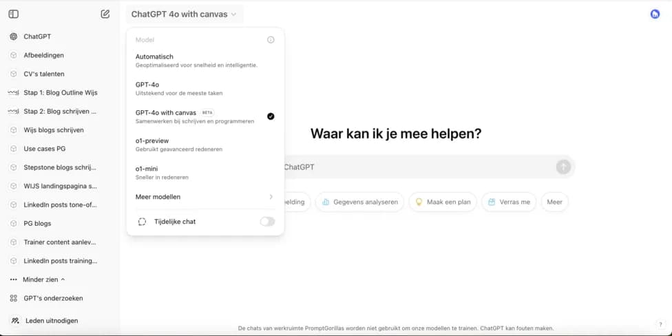 Screenshot van de ChatGPT interface met het modelkeuzemenu open, waarbij verschillende GPT-modellen zichtbaar zijn waaronder GPT-4o en o1-preview